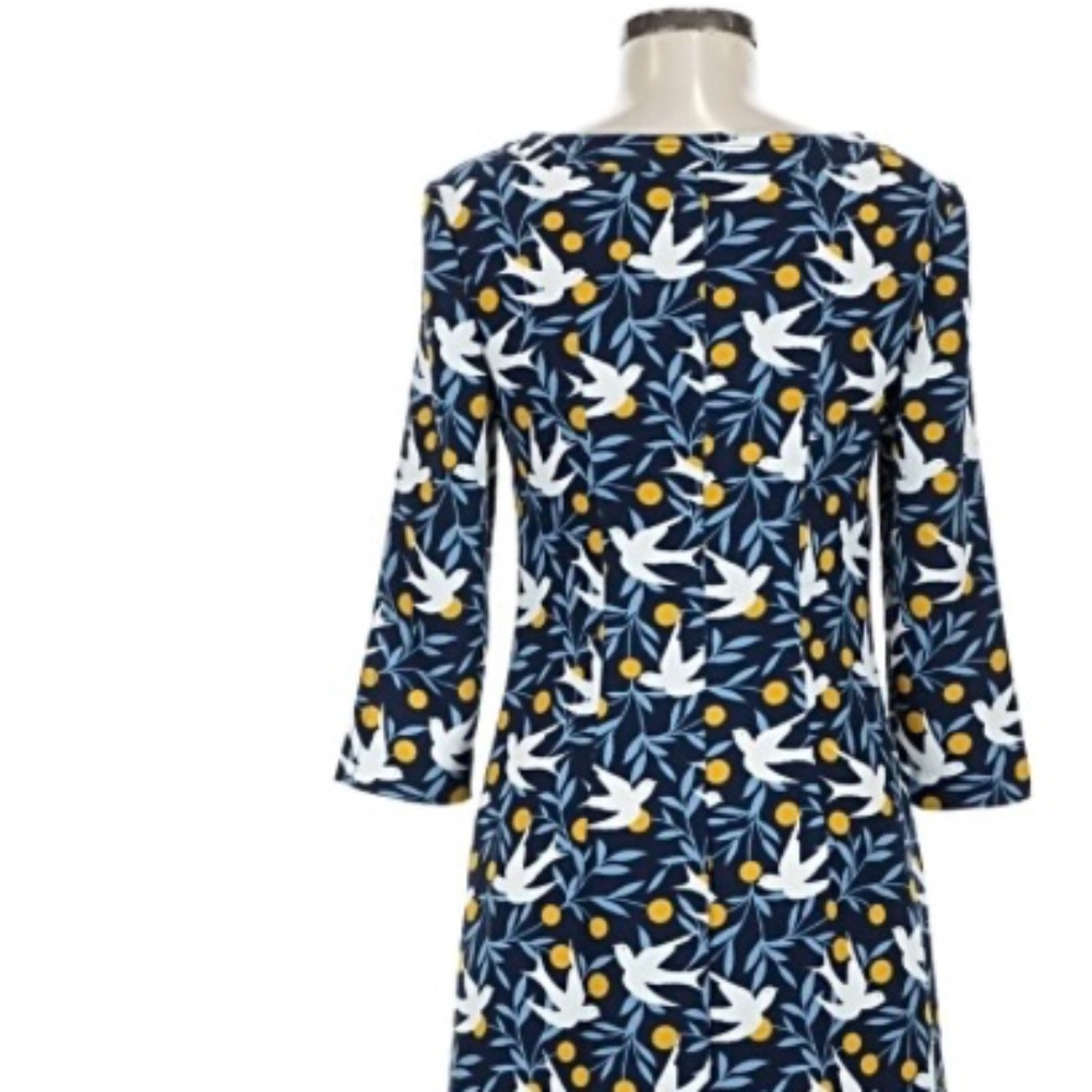Boden Alda Navy Blue Yellow White Leaf Bird Floral Print Shift Dress US 10R - Picture 2 of 6